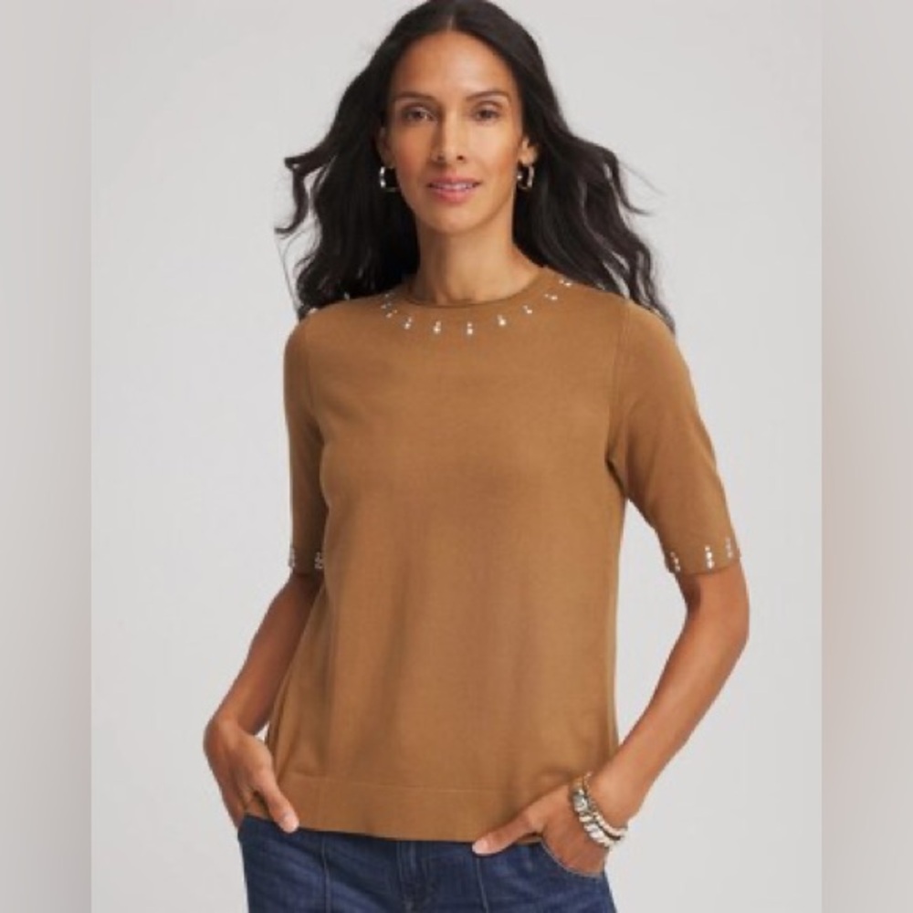 HANNAH JONES Embellished Classic-Fit Sweater Tee Camel Short Sleeve Tee